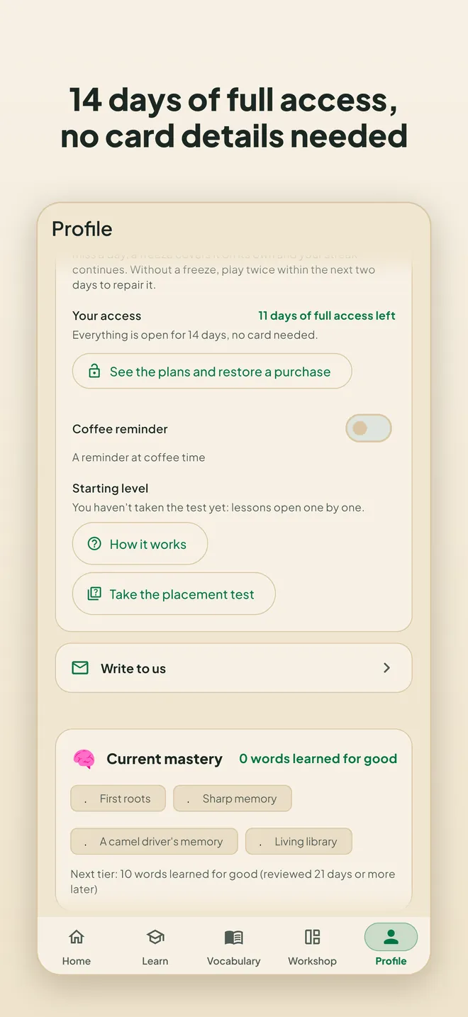 14 days of full access, no card details needed