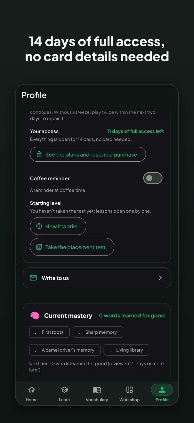 14 days of full access, no card details needed